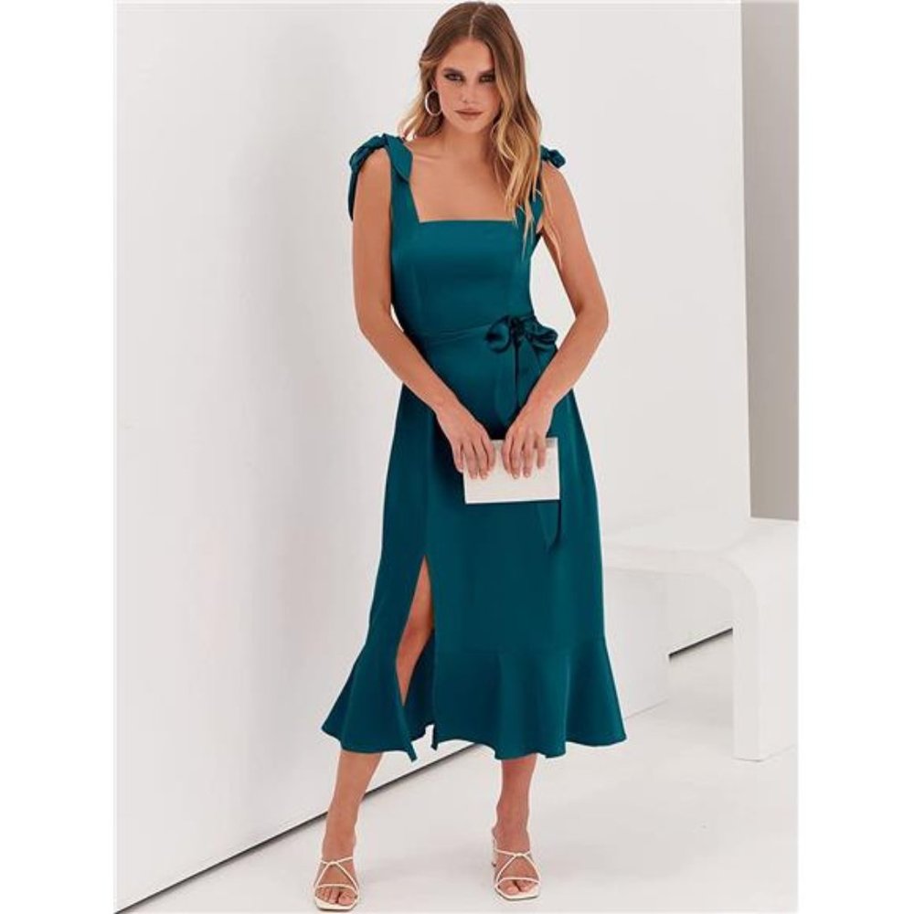 Women's Satin Formal Dress Square Neck Teal Blue